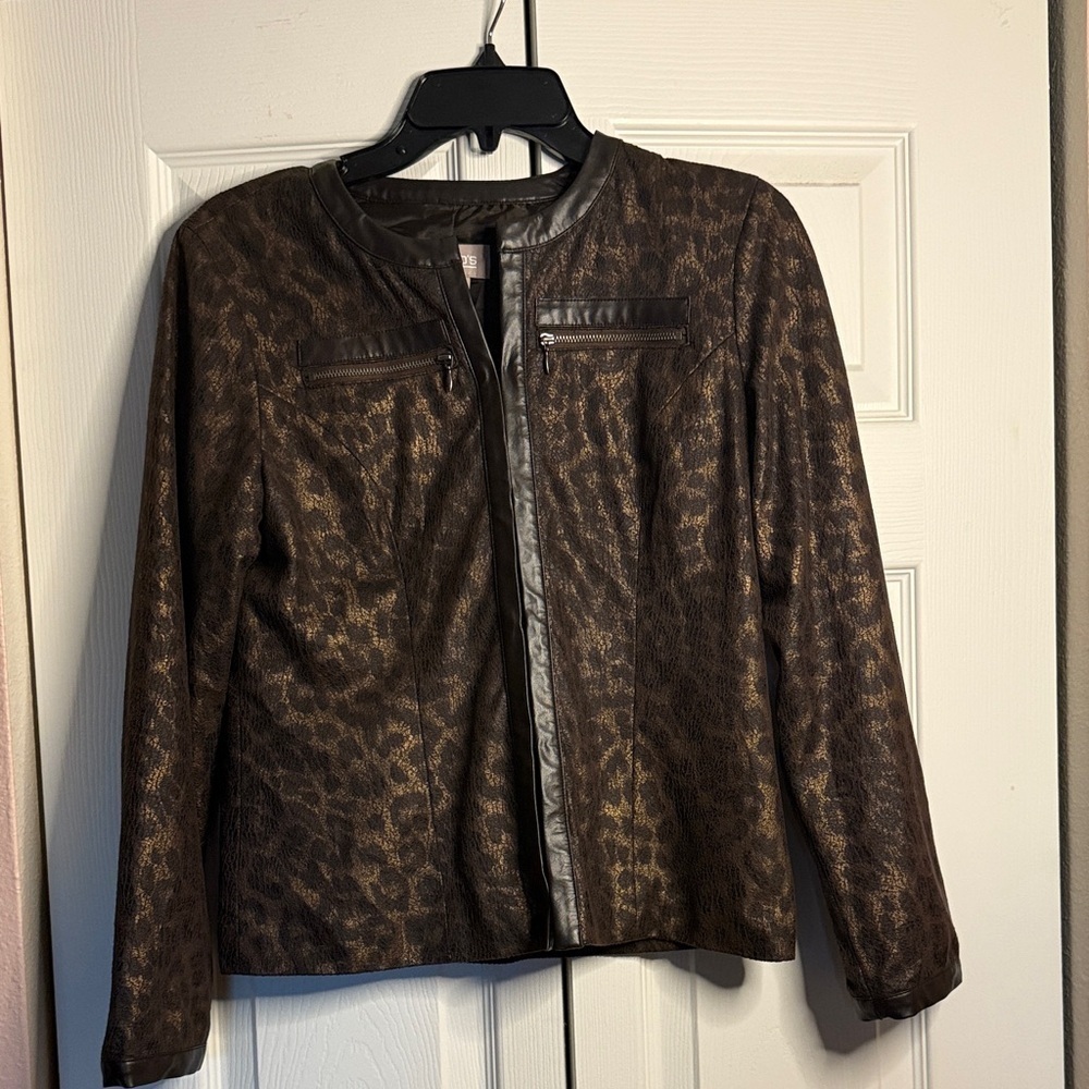 Chico's Dark Brown Animal Print Faux Suede Jacket size 0(4)